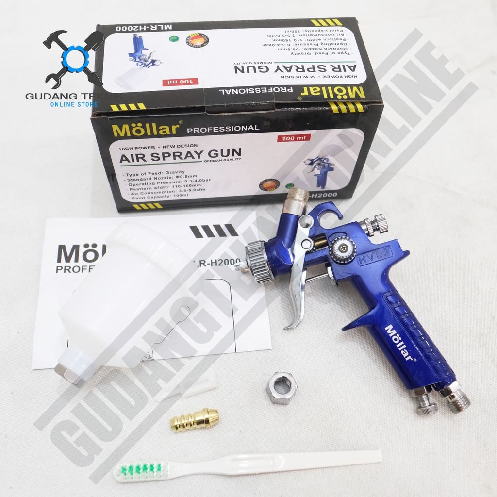 Air Spray Gun Tabung 100ml HVLP MLR-H2000 MOLLAR / Alat Semprotan Cat Tabung Atas 100ml Spraygun MLR-H2000 MOLLAR