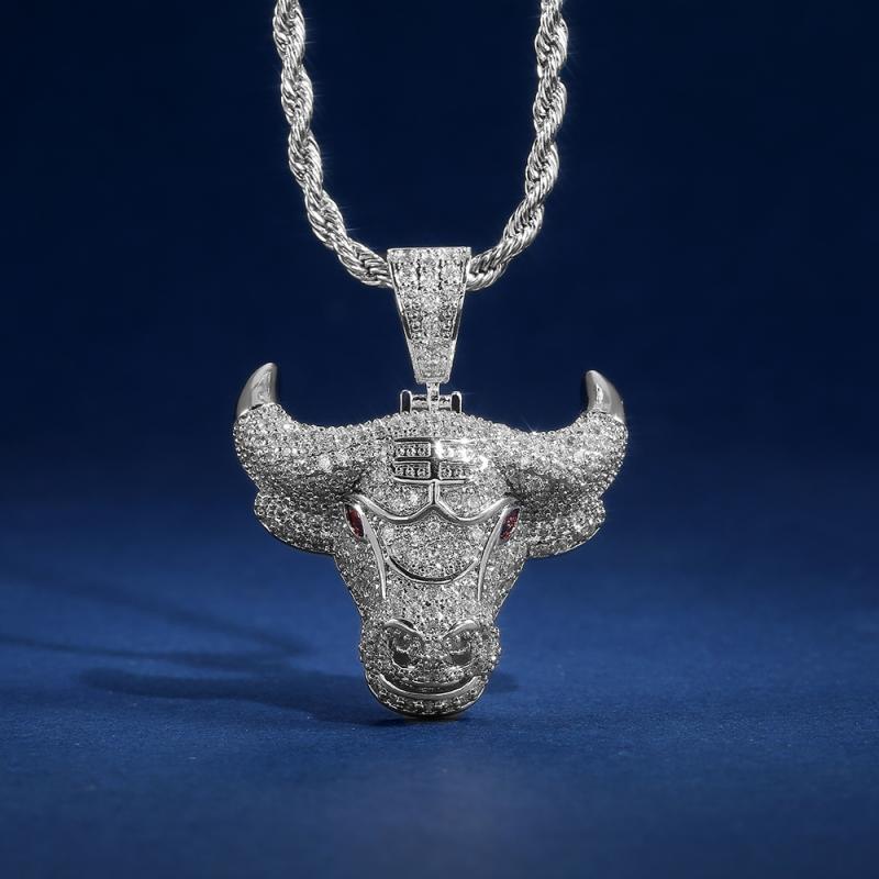 Kalung Liontin Kepala Banteng Mata Merah Lapis Silver Gaya Rock Untuk Pria