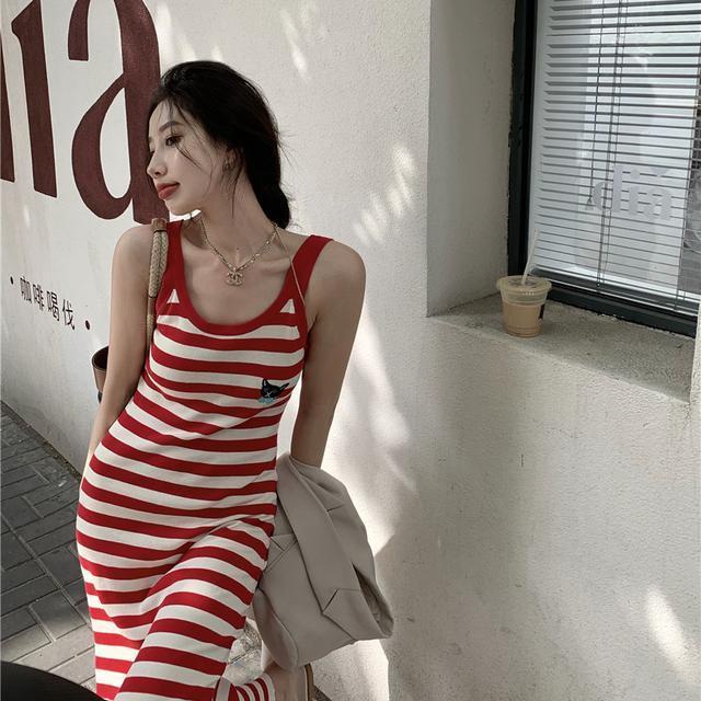 Red Design sense striped suspender skirt female slim sexy slit dress one piece suit new black outer top