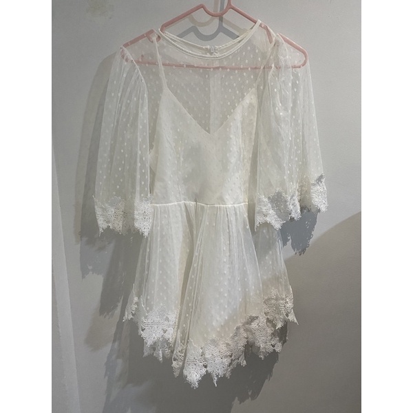 Jumpsuit Jump Suit Celana Pendek Atasan Transparan Sheer Brokat Cotton On Putih White Biru Blue Navy