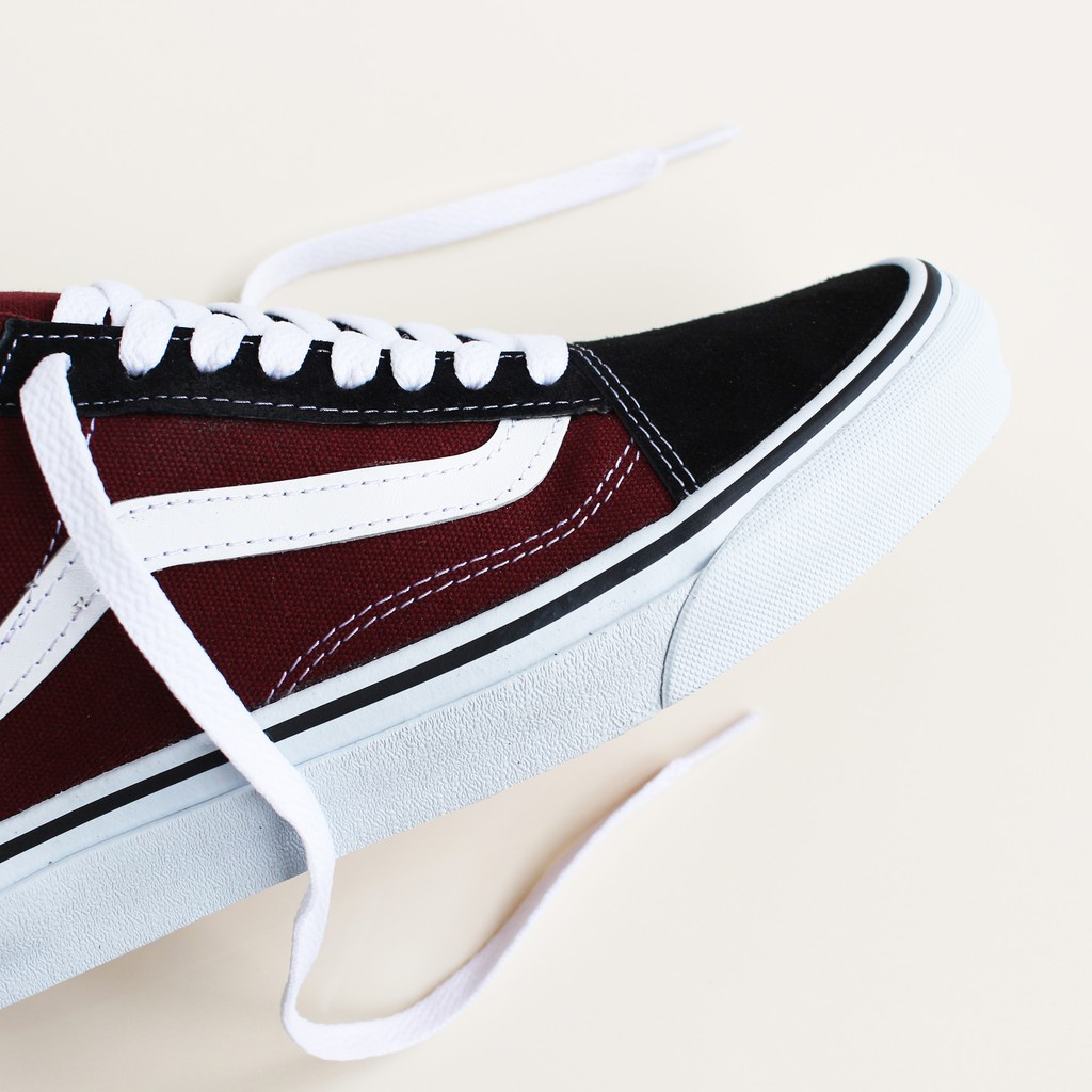 Sepatu Vans Oldskool Maron White Sneakers Pria Kets Hitam Merah tua Putih Kado Hadiah Sekolah Kuliah Kerja