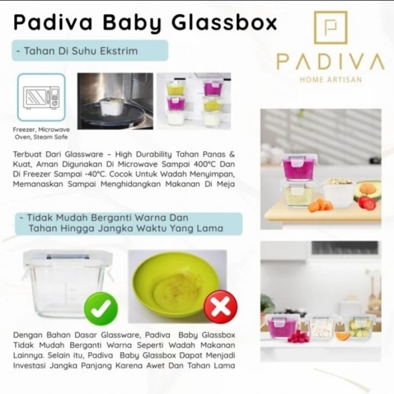 Padiva Baby Food Glass Box Wadah Kotak Kaca Makanan Bayi 3 Pcs - 180ml