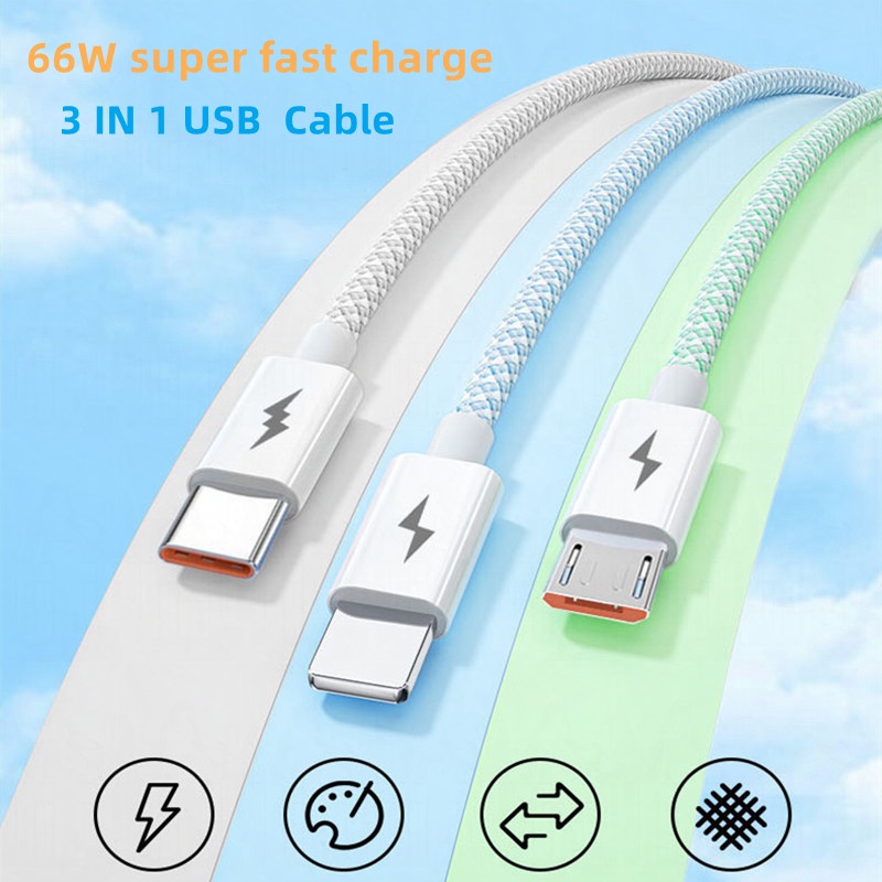 3in1 Kabel Data / Charger Micro USB / Tipe-C / 6A 66W Untuk Android