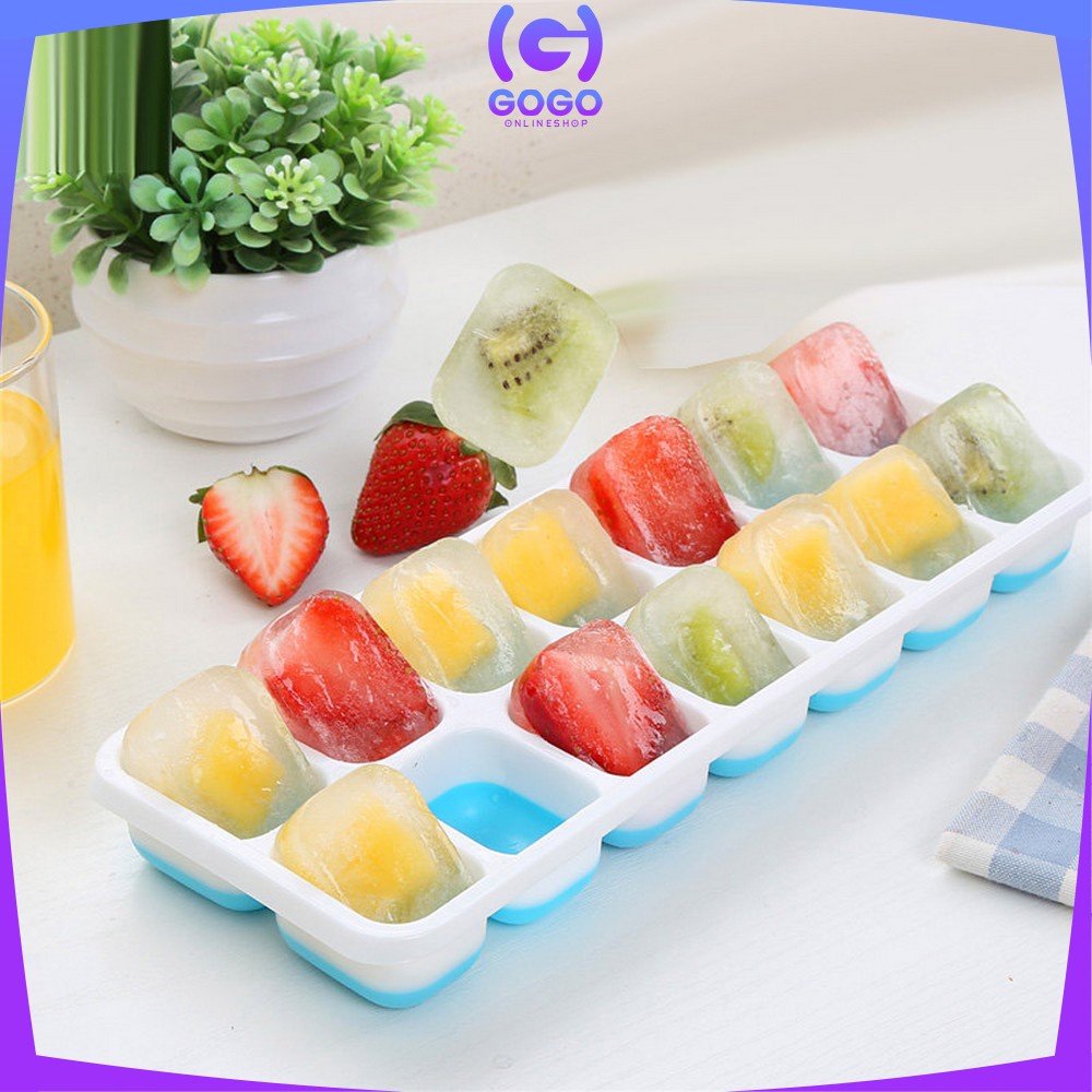 GOGO-C532 Cetakan Es Batu Dengan Tutup Bentuk Kotak Bahan Silikon Serbaguna / Ice Cube Tray 14 Slot / Cetakan Coklat Pudding Jelly