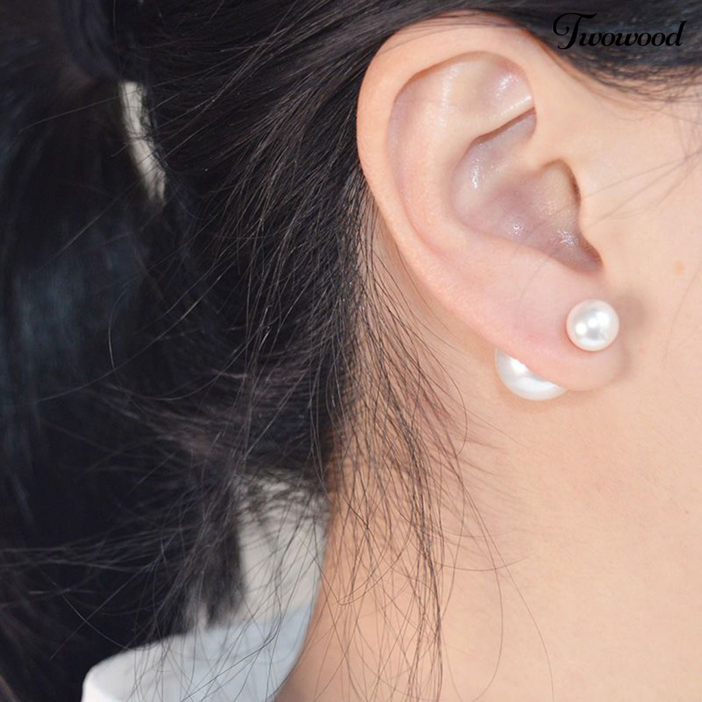 1 Pasang Anting Stud Desain Geometris Electroplating Aksen Mutiara Imitasi Sisi Ganda Untuk Wanita