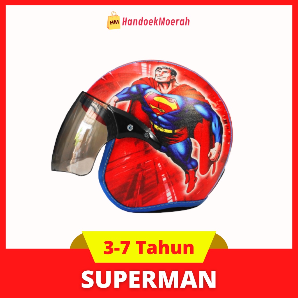 Helm Anak HALF FACE SUPERMAN Murah / Helmet Non SNI / Helm Karakter Kartun Lucu / Helm Anak Cowok Laki Laki 3 4 5 6 7 Tahun