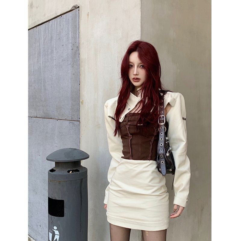 Suhao Fashion Goreng Street Manis Gaya Keren Lengan Panjang Blus Musim Gugur Baru Slim Tube Top Tas Hip Rok Pendek setelan Wanita Tide