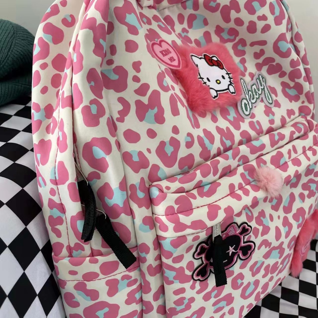 Sera Asli Y2K Milenial Lucu KTM Ransel Pink Leopard Cetak Tas Sekolah Niche Kartun Anime Ritsleting Ransel Kasual