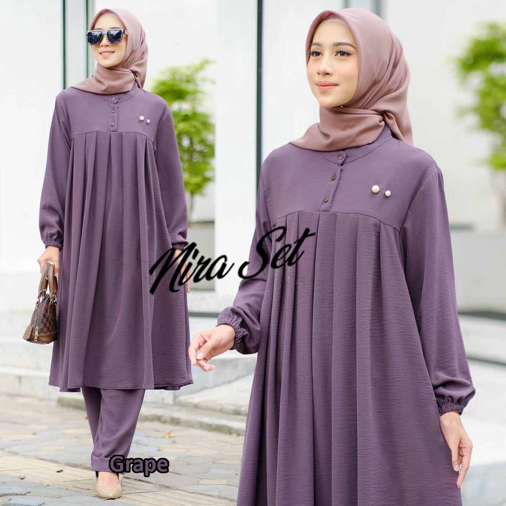 Setelan Long Tunik Wanita Dewasa Nira Set Crickle Air Flow Baju + Celana COD