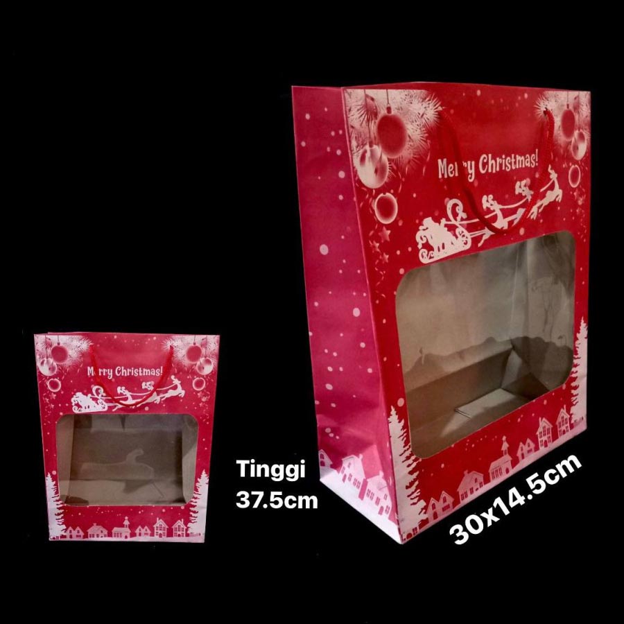 

5 Pcs Paper Bag Hampers Natal Jendela Mika Goodie Bag Christmas Tas Jinjing Merah Ukuran 30x14x37 cm