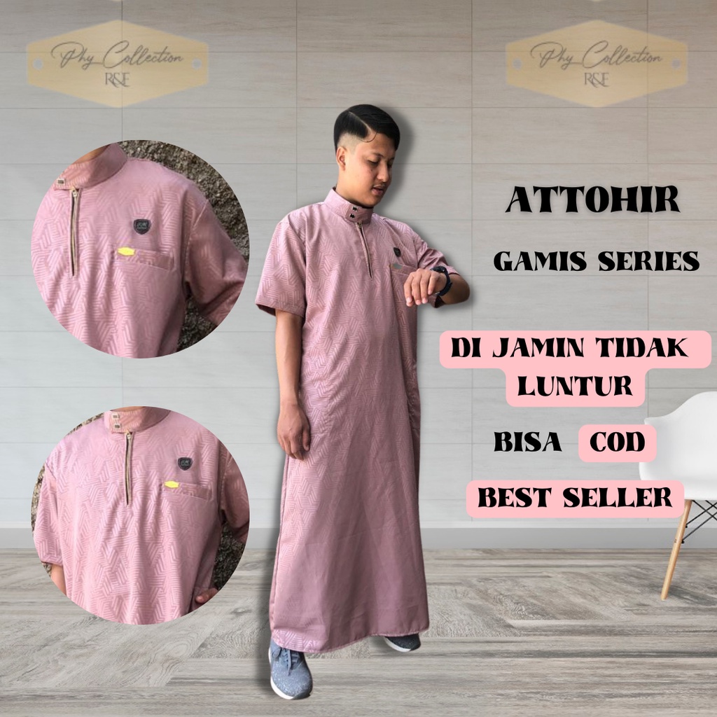 ATTOHIR Jubah Gamis Pria Laki Laki Dewasa Cowok Remaja Model Haromain Motif Embos Lengan Pendek Kancing Snap  Ukuran S M L XL XXL XXXL