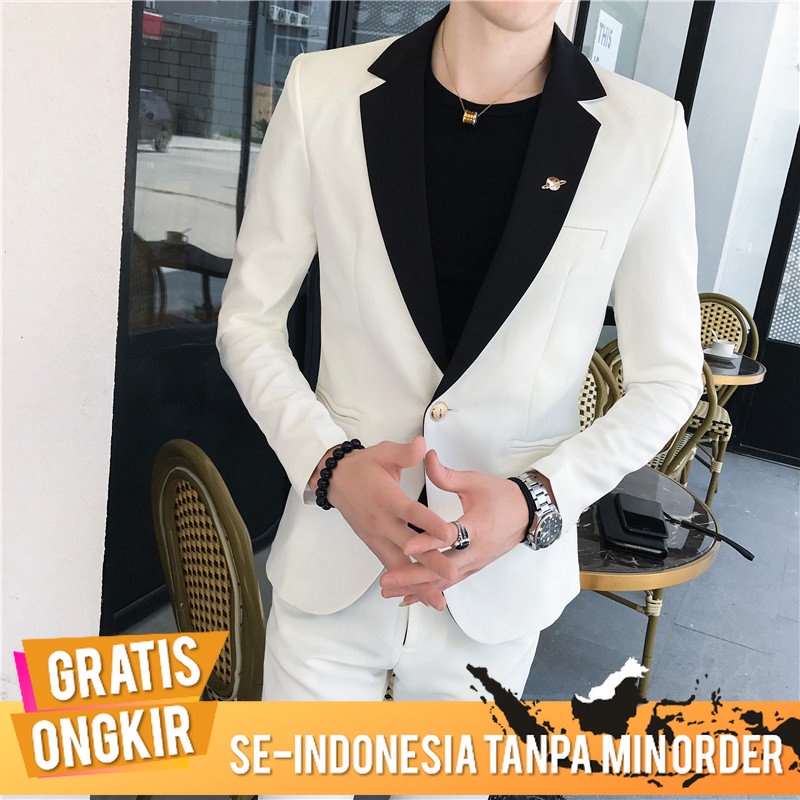 Jas Pria Blazer Pria  Korea Slim-Fit Panjang Lengan  Inggris Suit Klub Penata Rambut Dua buah Set