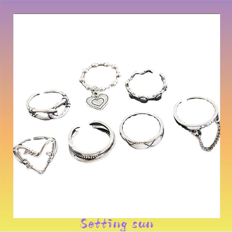 7Pcs/Set Perhiasan Cincin Rantai Cinta Fashion Korea Vintage Adjustable Gaya Untuk Wanita TN