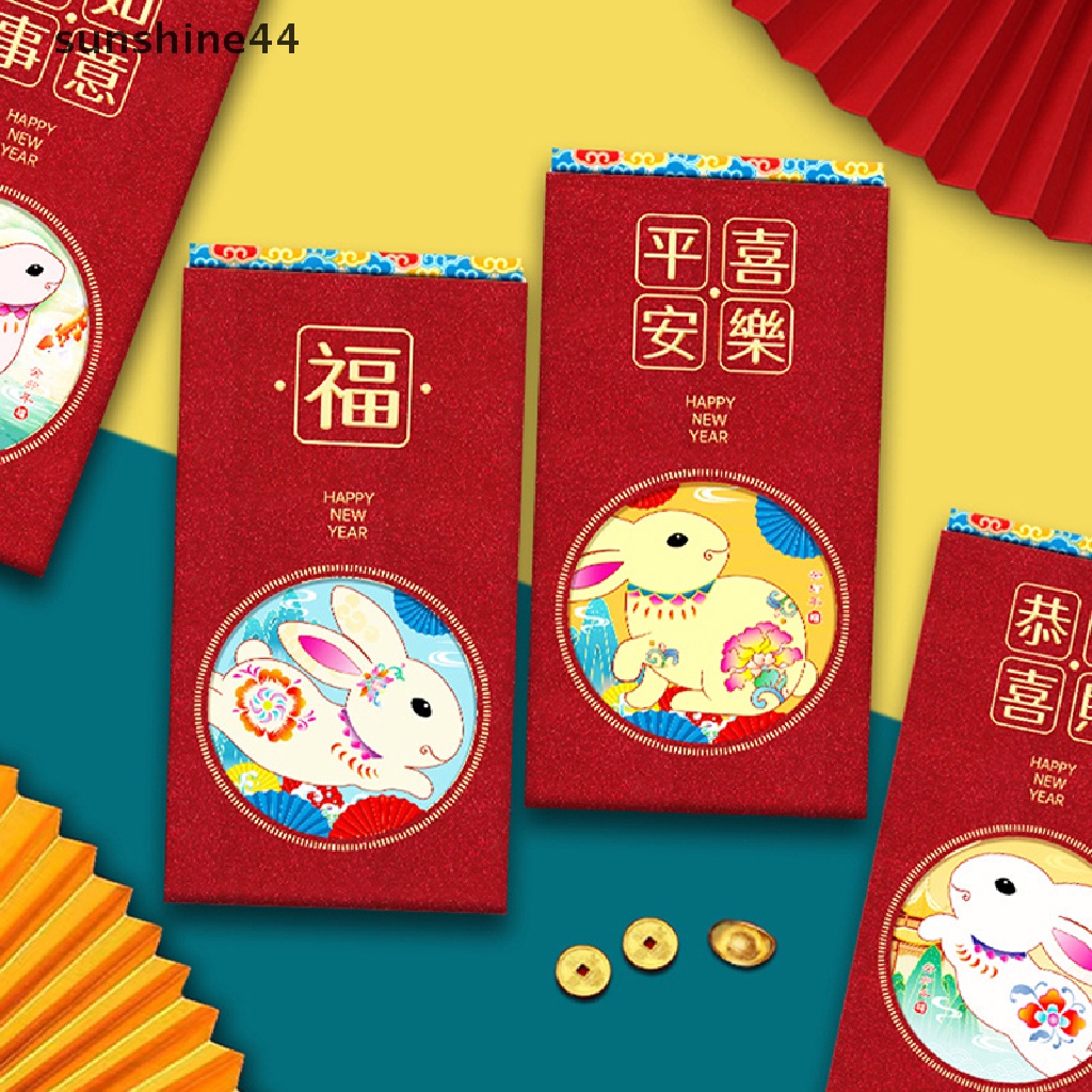 Sunshine 6Pcs Amplop Angpao Tahun Baru Cina / Imlek Gambar Kartun Kelinci Warna Merah 2023