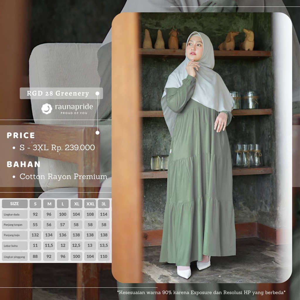 [ SALE ] GAMIS RAUNA RGD 28 BAHAN RAYON PREMIUM A++ ADEM  9 WARNA SAGE GREEN GREENERY WARNAH BLACK H