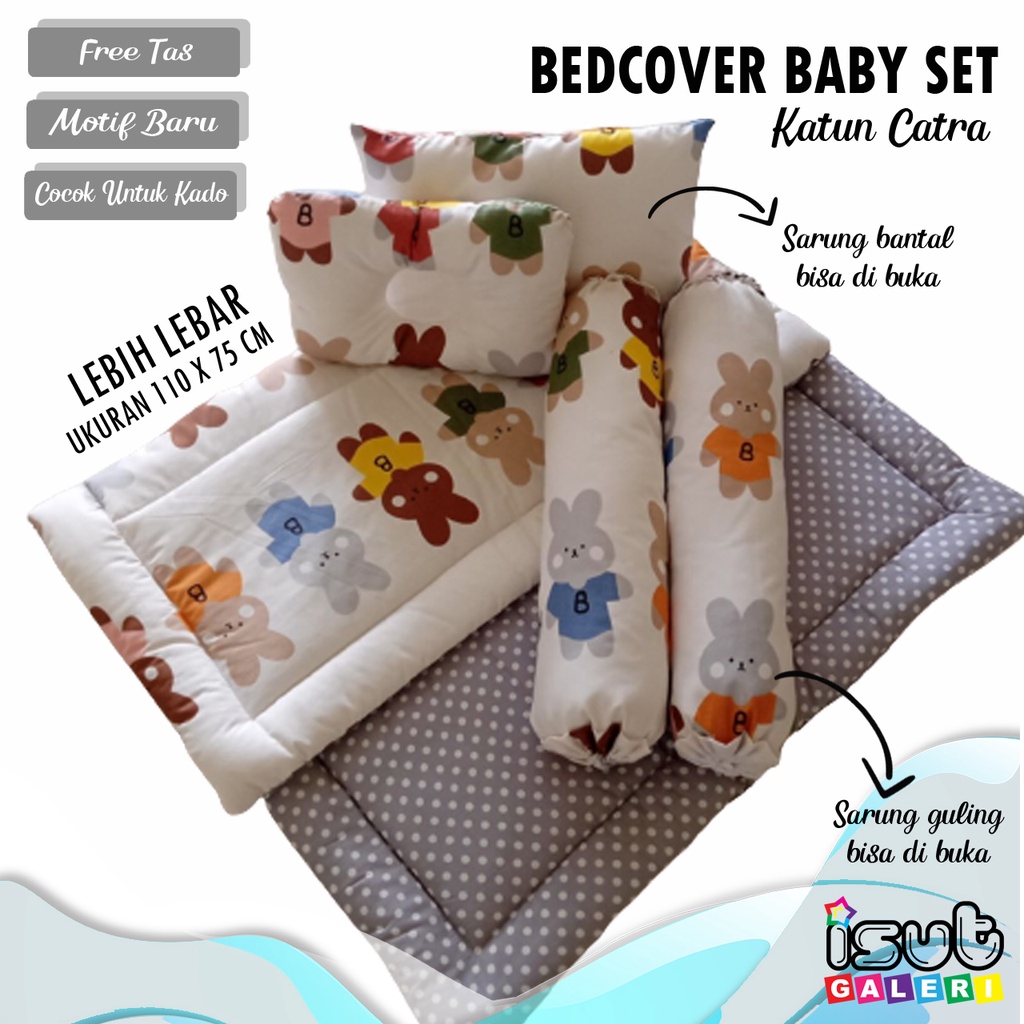 ISUT GALERI - POLOS DARK GREY Bedcover Baby Set Bantal Guling Bayi | KADO BAYI | READY STOCK