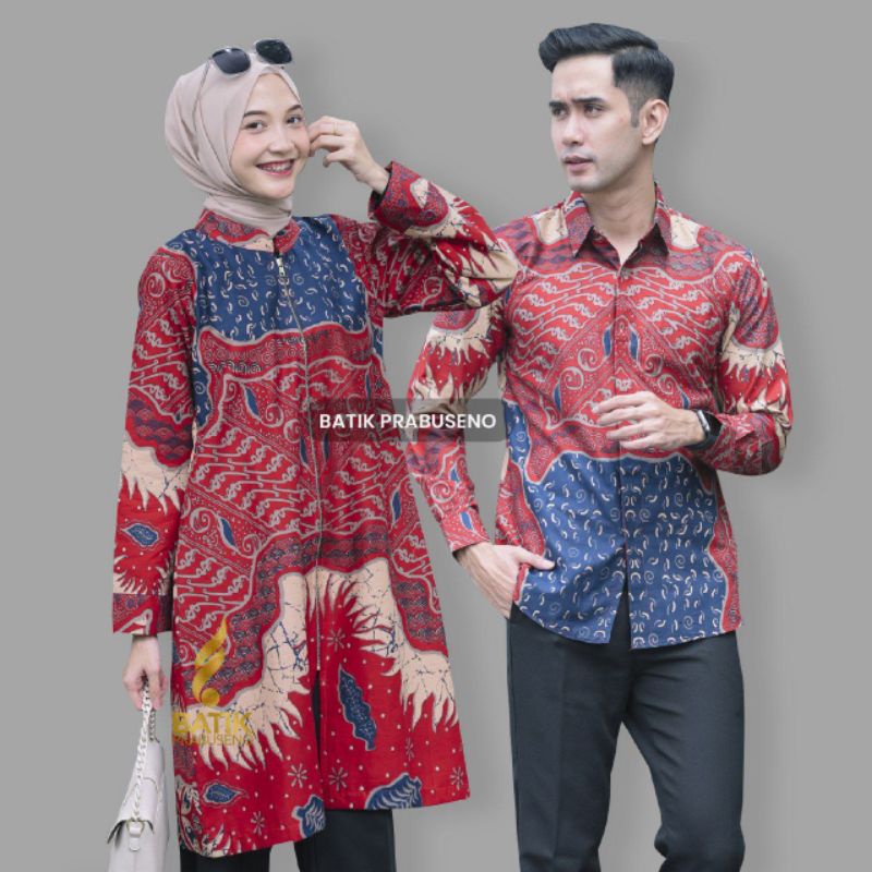 Batik Prabuseno Couple Set Kalingga Merah Atasan Tunik Wanita Dan Hem Kemeja Pria Lengan Panjang Slimfit Baju Seragam Kerja Kantor Pesta Kondangan