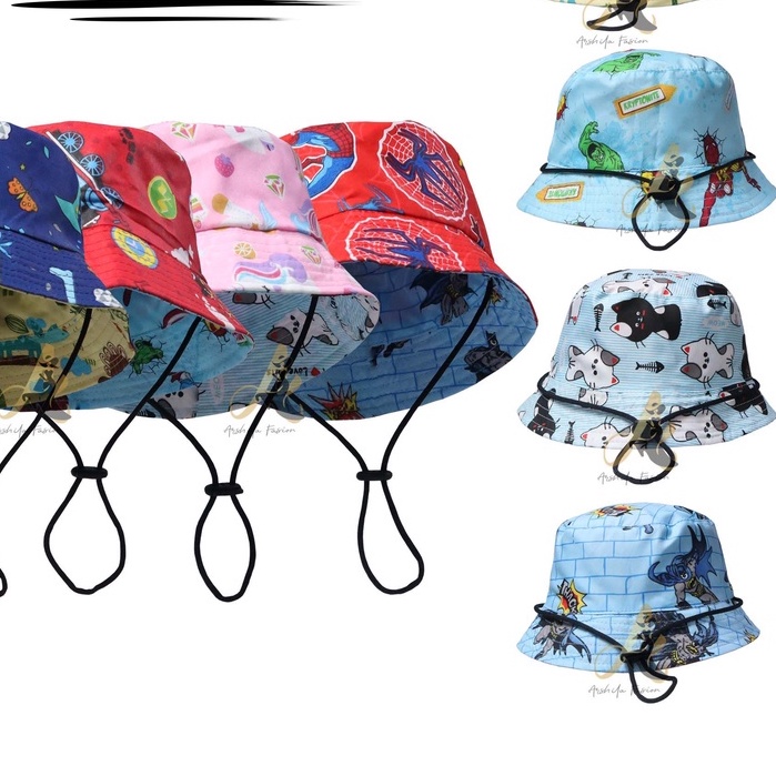 Topi anak bucket hat motif bolak balik ada TALI