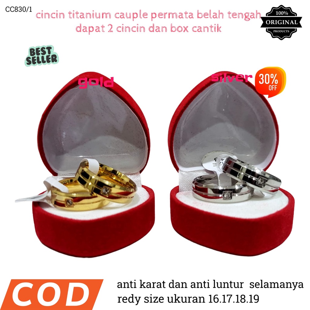 Cincin COUPLE  Titanium pasangan Udah Dapat 2 Pcs + Box Cincin, MATA BELAH TENGAH CC830/1 Stainless Steel Polos