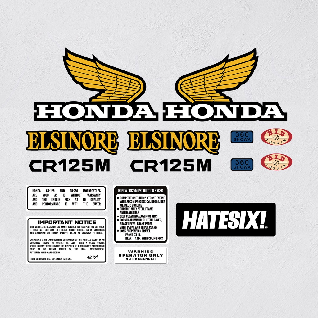 Stiker Decal honda Elsinor CR125 CR250 1973 1975 Hatesix