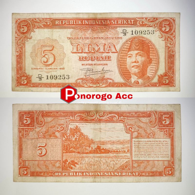 (USED/ASLI) Uang kuno 5 rupiah RIS tahun 1950 rp 5 sukarno soekarno RIS rp.5 uang kuno jaman Republik Indonesia Serikat Tahun 1950