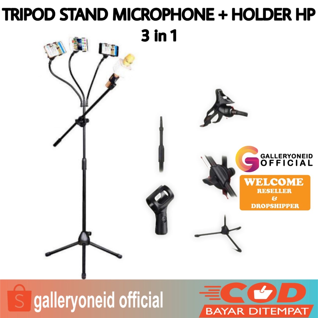 Stand Microphone Standing Holder Tripod Universal 3 Holder HP Taffstudio