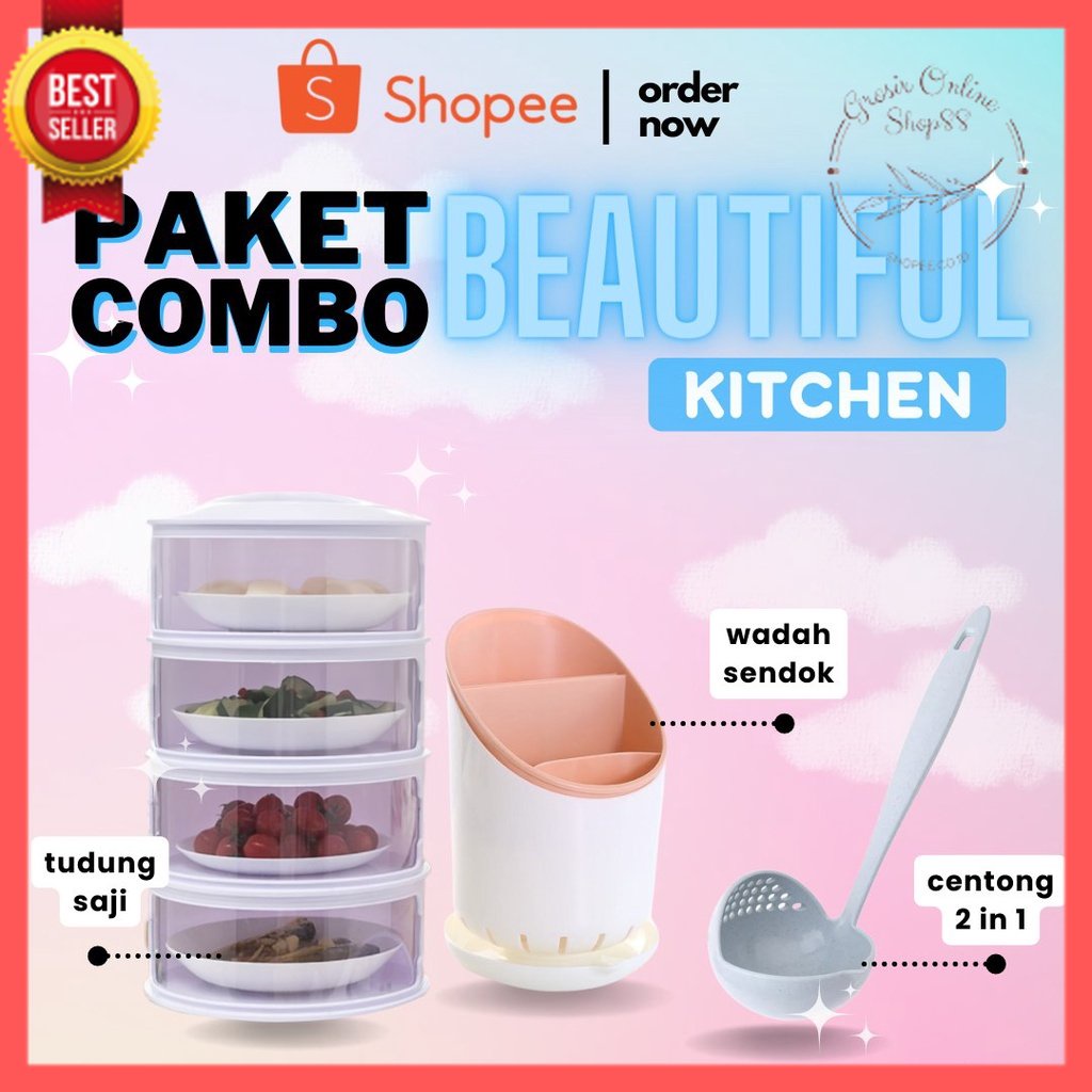 GOS - PAKET COMBO BEAUTIFUL KITCHEN/ Tudung saji Tempaat sendok FREE Centong 2in1