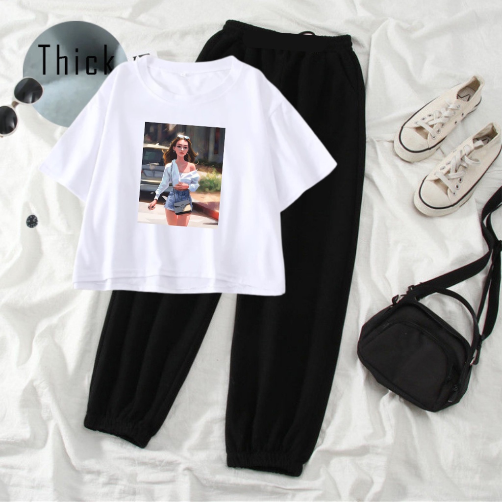 Choice Ali - Pakaian Remeja Tanggung One Set Crop + Celana Jogger Sablon Digital Printing Motif Sosi