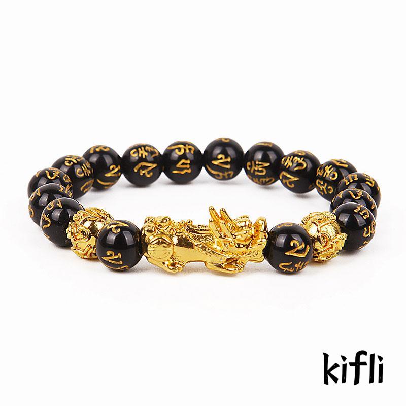 【kifli】Manik Gelang Fashion Retro Feng Shui Obsidian Emas Hitam Pria Wanita Netral Imitasi Obsidian Gelang Simple Fashion Import
