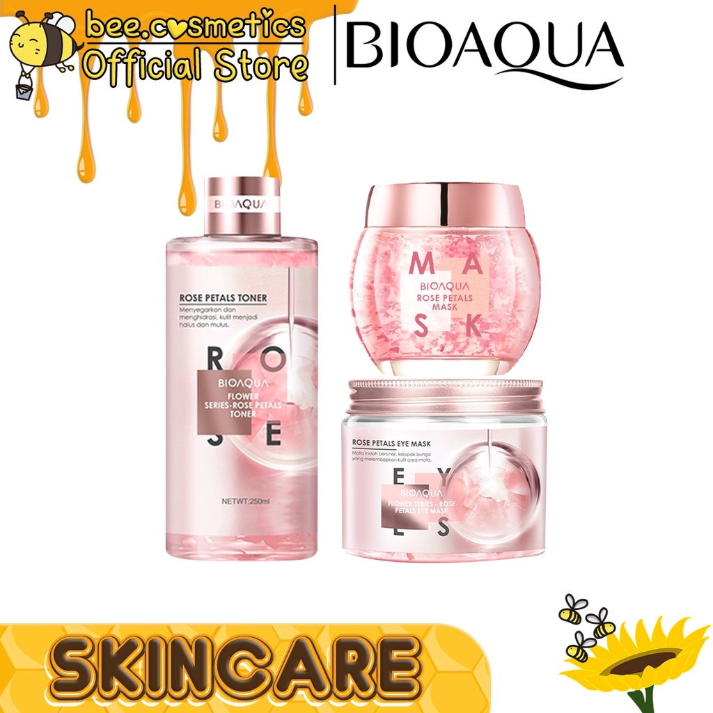 BIOAQUA ROSE PETALS FLOWER CLEANSER SERIES ( TONER 250ML / PETAL MASK 120GR / EYE MASK 140GR ISI 80P