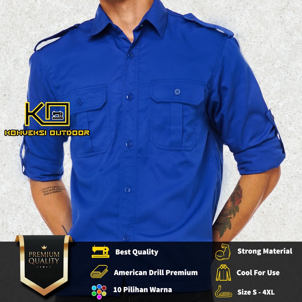 BAJU KEMEJA PDL LAPANGAN OUTDOOR INDOOR PRIA LENGAN PANJANG - Seragam Kerja Kantor Group Kemeja Lapangan Outdoor Gunung Taktikal Comunitas Kemeja Dinas PDH PNS Cargo Safari Paspampres Security Satpam Tactical Americand Drill American America Warna Biru