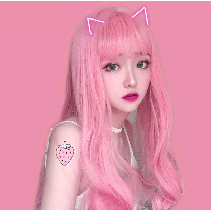 PINK 65CM Long Wavy Wigs with Bangs Ladies Cute Hair