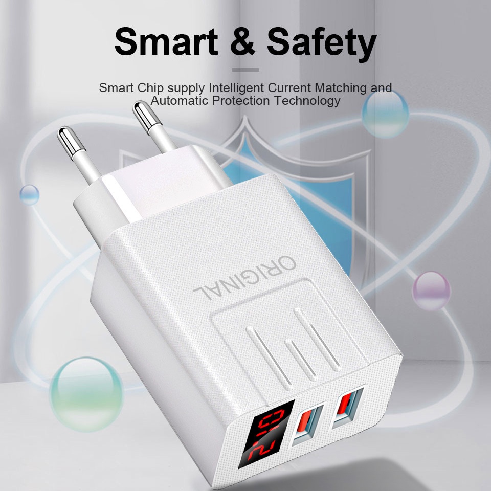 Adapter Charger 2 Port USB Tipe-C Fast Charging Display LED Untuk Iphone / Android