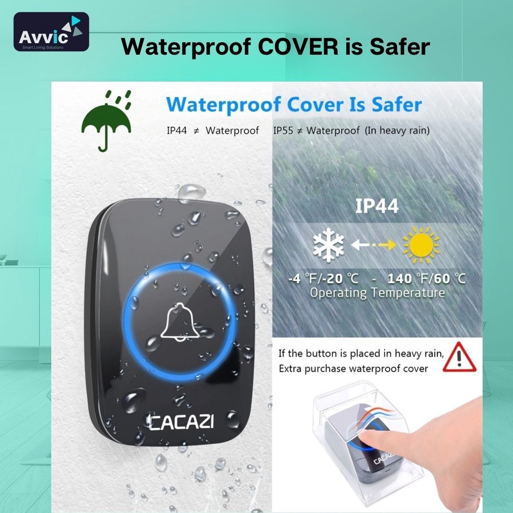 CACAZI Wireless Doorbell Waterproof IP44 – Bel Pintu Rumah Remote 1 Transmitter 1 Receiver 38 Nada