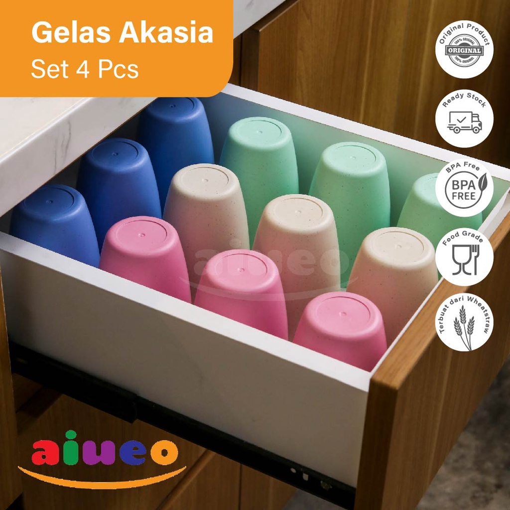 AIUEO Gelas Teh 11 cm Wheatstraw Cangkir Plastik Cup Gelas Susu Gelas Warna Warni Biru Pink Krem Hijau Ungu Pastel