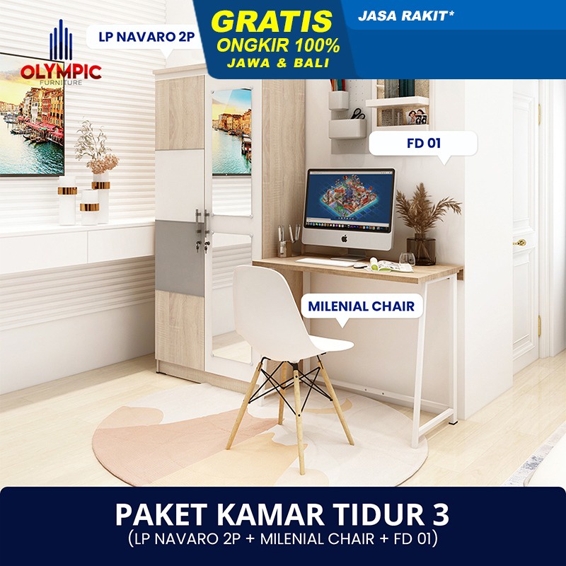 Olympic Paket Kamar Tidur 3 - Lemari 2 Pintu 1pcs + 1 Set Meja Belajar / Meja Kerja / Meja Anak / Me