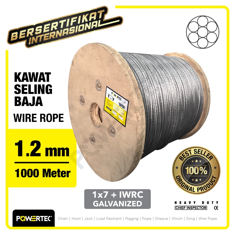 POWERTEC Wire Rope / Kawat Seling Baja 1x7 1.2mm Galv  - 1000m