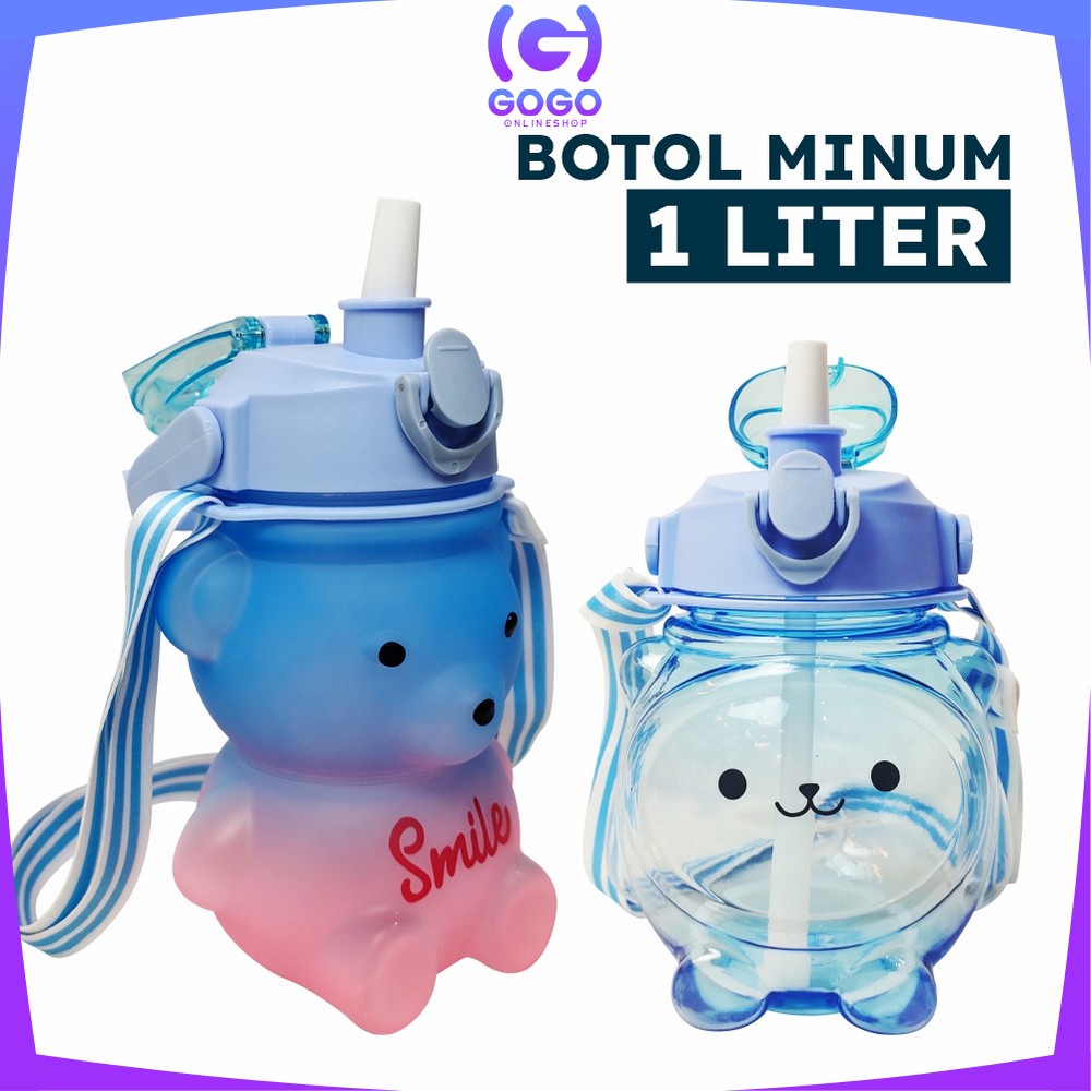 GOGO-C589 C592 Botol Minum Anak Boneka Bear Beruang 1 Liter Polos Gradasi / Tumbler Minum Anak Karakter Bear Gemoy Pelangi