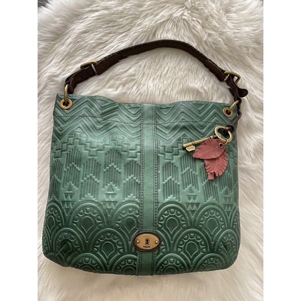 Fossil Deasy Embossed Green Leather Hobo