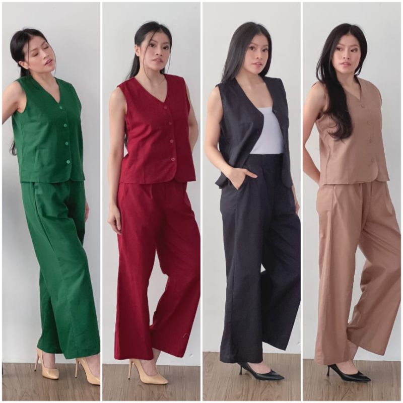 ⚡️CLEARANCE SALE ♡ PREMIUM ♡ ORIGINAL ! SHERLYN 2 IN 1 SET BUTTON  VEST OUTER WITH LONG CULLOTE PANTS / SETELAN  ROMPI  &amp; CELANA KULOT PANJANG ( HIJAB FRIENDLY )