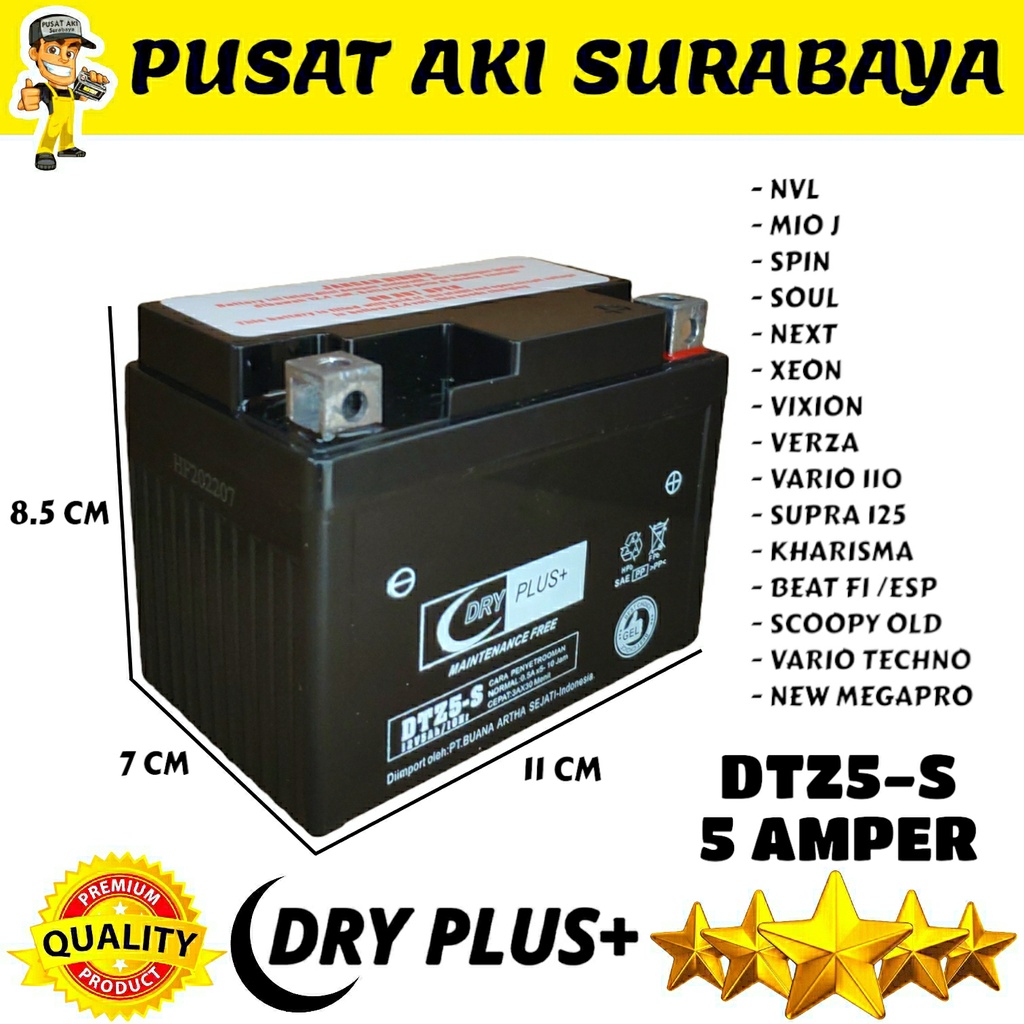 ACCU BARU DRYPLUS DTZ5S 12 VOLT 5 AMPER YAMAHA VIXION NVL AKI KERING BERKUALITAS MF YTZ5S YTZ4V DTZ5S MTZ5S