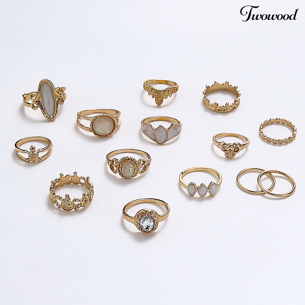 14pcs Cincin Knuckle Model Hollow Stackable Bahan Alloy Aksen Permata Imitasi Gaya Etnik