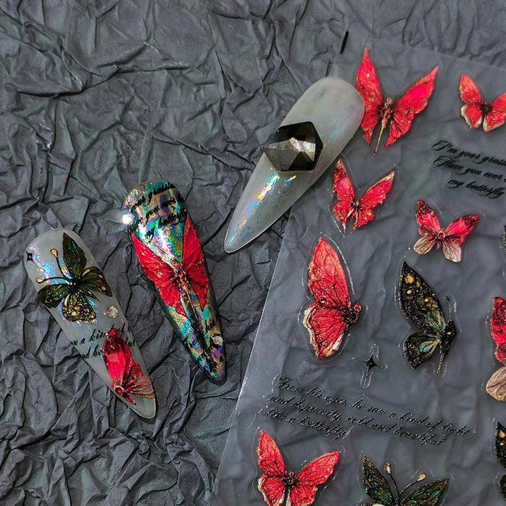 AUGUSTINA Agustina Stiker Kuku Kupu-Kupu Wanita Ins Style Hand Painted Butterfly Rose Nail Stickers Stars Huruf Inggris Nail Art Dekorasi