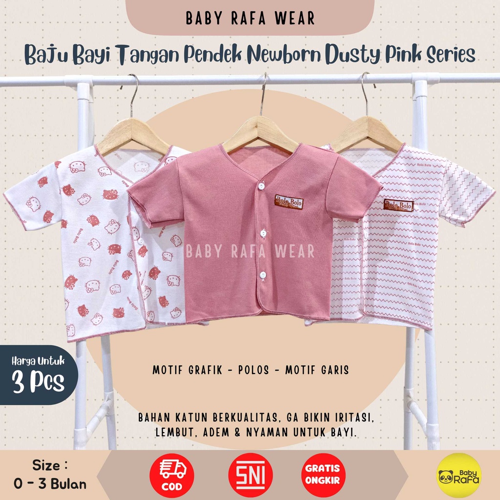 Serian Dusty - 3 pcs Baju Bayi Tangan Pendek Bayi Baru Lahir 0 sd 3 Bulan Pink Dusty Series merk SNI Bolo - Bolo