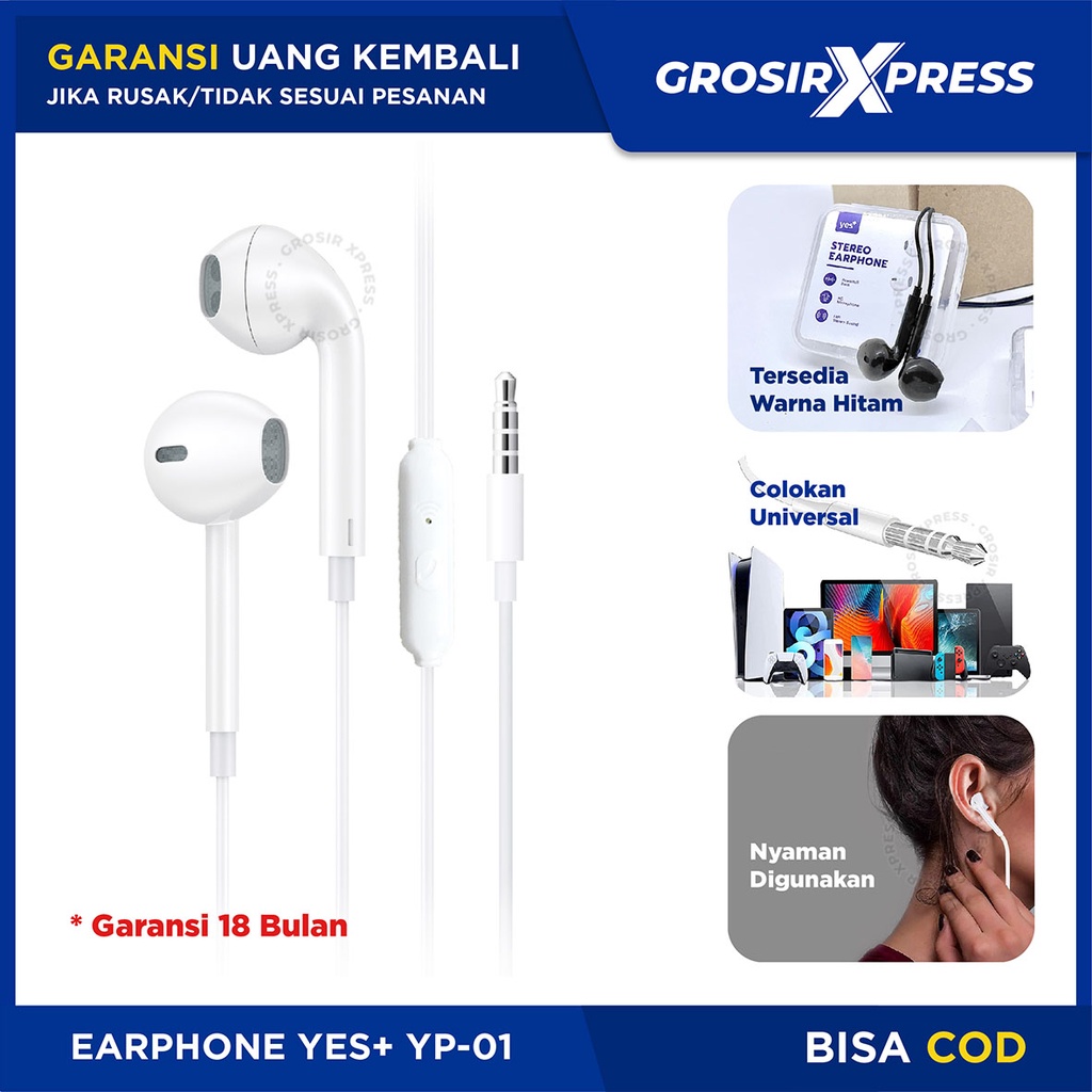 Headset Kabel Yes+ YSYP01 Earphone Henset Hp Android With Microphone Hedset bass Universal Cocok untuk semua handphone |GROSIRXPRESS