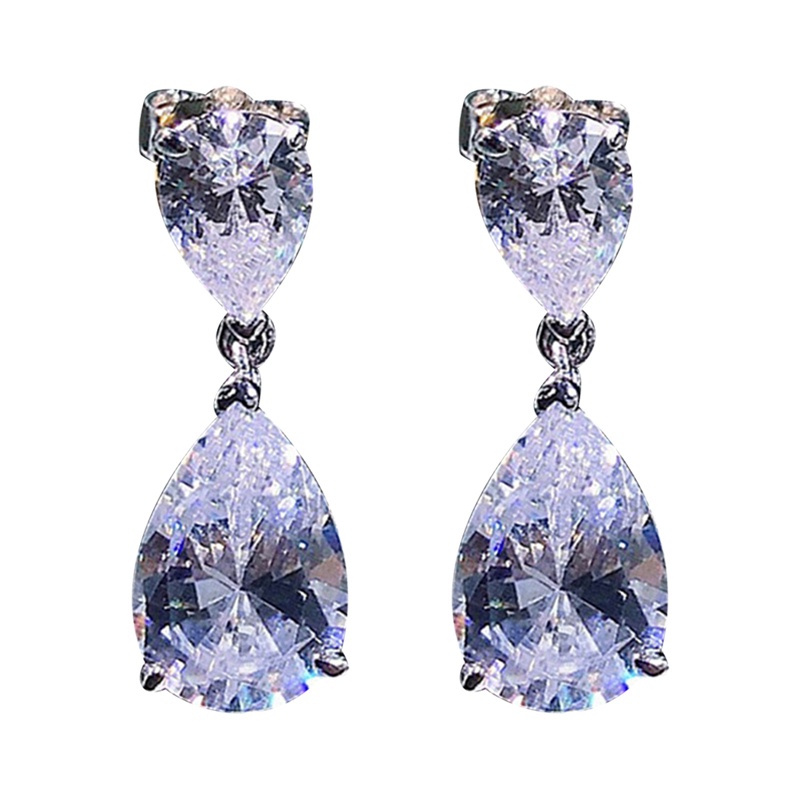 Fancyqube Anting Juntai Bentuk Water Drop Cubic Zirconia Kristal Warna Silver Untuk Wanita