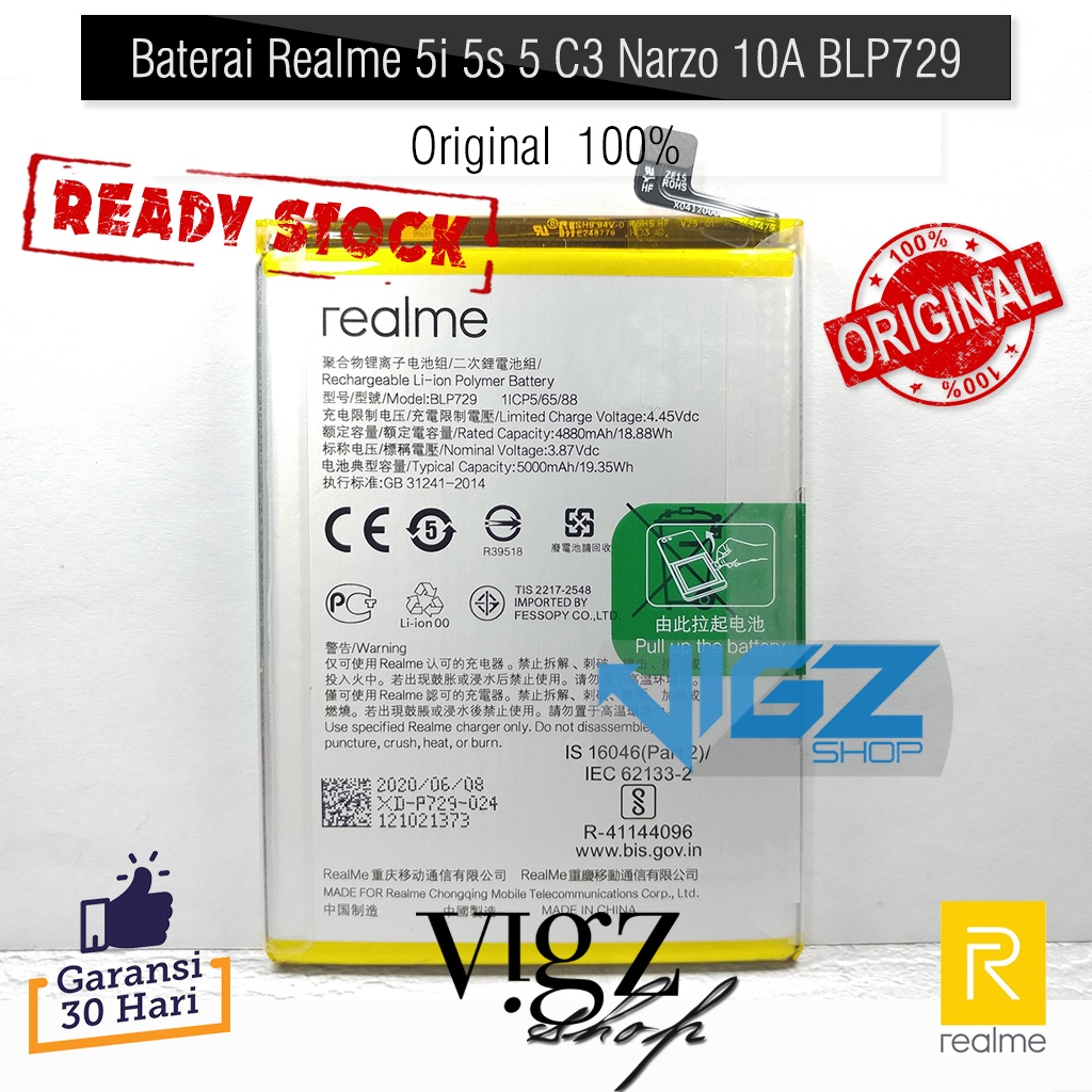 Baterai Realme  C3 / C11 / 5 / 5S / 5I / C21 / C21Y / C20 Narzo 10A BLP729 Original 100%