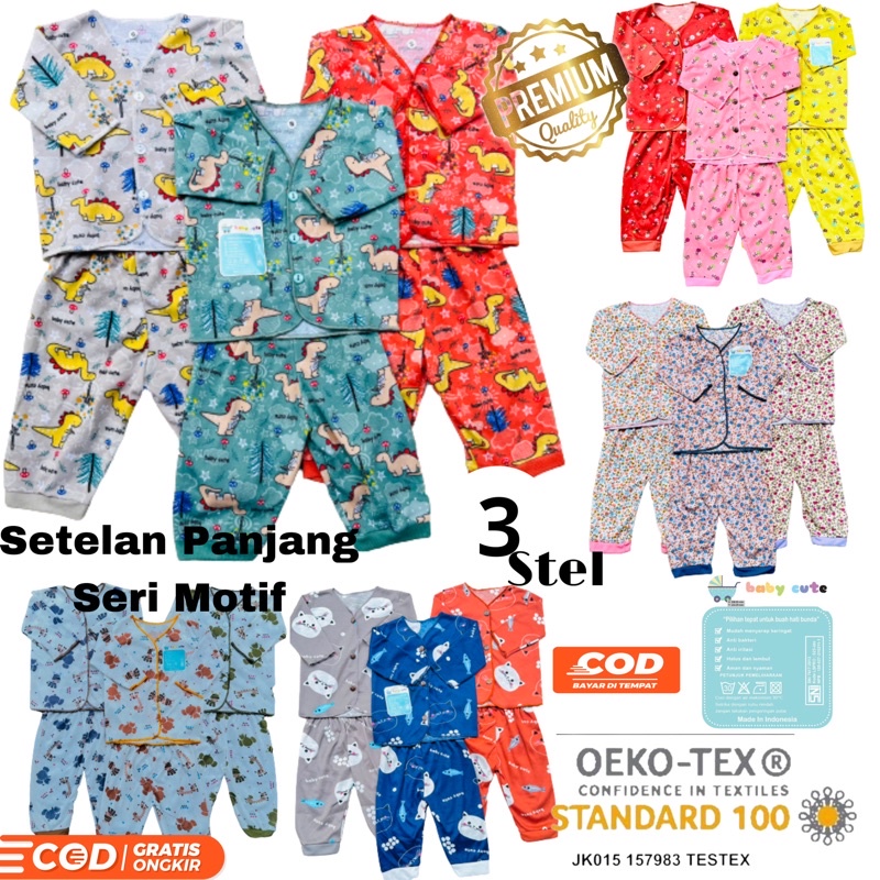 Stelan baju bayi panjang celana printing Newborn, 3-6 dan 6-12 bulan SNI 3stel promo 9.9