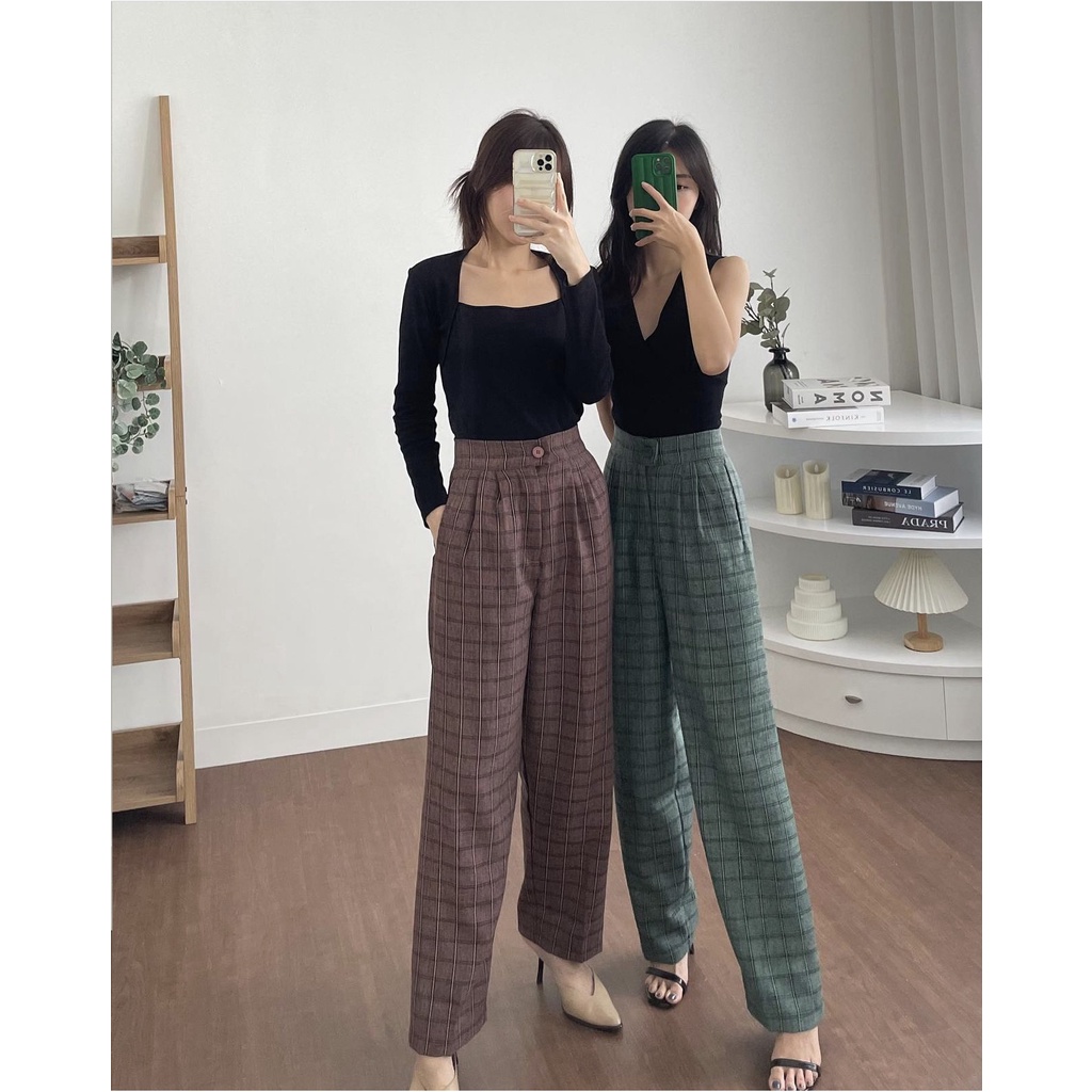 Kadaka B-0175 Kulot Wanita Highwaist Plaid Woven Tweed