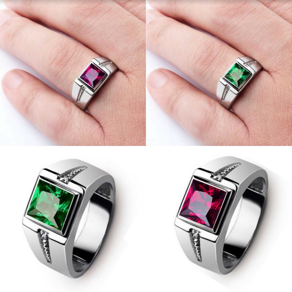 Cincin Kawin Perak Berlian Rubi Zamrud Platinum Pria Wanita Fashion Perhiasan Permata Kristal Merah Hijau Silver Rings